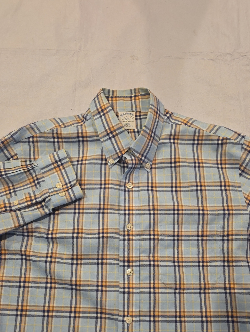 Brooks Brothers Men's Slim Fit Non-Iron Plaid Button Down Blue Orange L